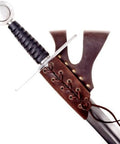 PU Leather Medieval Sword Dagger Frog Scabbard With Adjustable Rope, vintage style sheath in brown, close-up view.