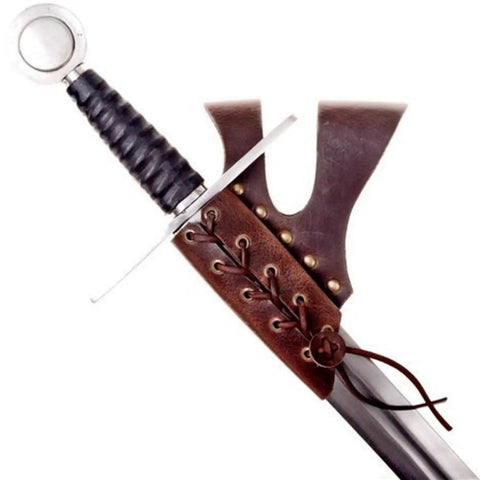 PU Leather Medieval Sword Dagger Frog Scabbard With Adjustable Rope, vintage style sheath in brown, close-up view.