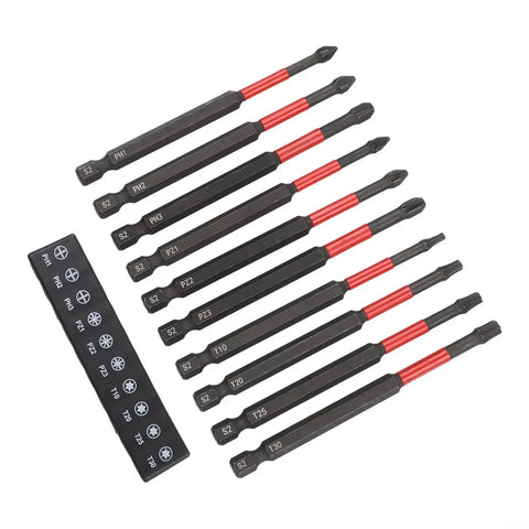 Rock Solid Long 100mm Screwdriver Bits Set For Impact Driver With Quarter Inch Hex Shank Power Drill Bit Kit Featuring Star Cross And Head Assortment PH2 PH3 PZ2 Tough Metal Construction That Works Great, 10-piece bit set