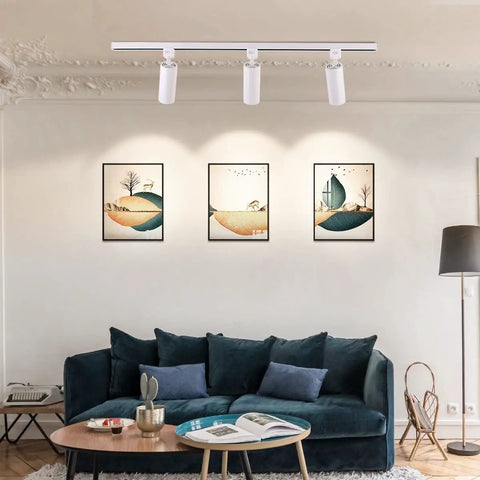 Living room with dimmable LED track lighting heads 16.5W each delivers 1200 lumens 90 CRI 24 degree beam 4000K neutral white pack of 6