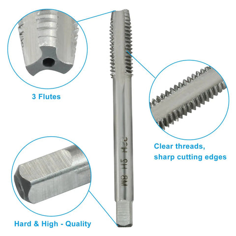 M8 X 1.25 Tap And Die Set For Metric Threads, Right-Hand Tap with 3 flutes, HSS6542 High-Speed Steel, clear threads, sharp edges