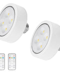 No-Hassle Remote Control Screw-In Puck Lights For E26 Bases, 2-Pack shown with remotes, ideal for non-hardwired wall sconces.