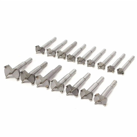 Workhorse Self Centering Wood Drill Bit And Hole Saw Kit With Tct Carbide Blades That Slice Clean Through Plywood And Plastic Boards Without Tear Out Or Chatter At Forty Millimeters - set of 15 drill bits.
