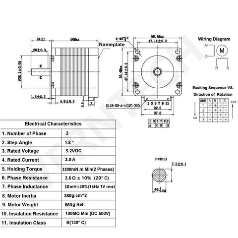 Technical diagram of Beefy Nema 23 Stepper Motor 57x56mm, 2.0A Two-Phase, 4-Lead With 80cm Cable, 1.2Nm Holding Torque For 3D Printers.