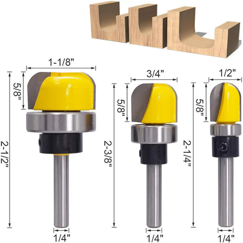 Badass 3 Pc Dish Carving Router Bits Set Half Inch Three Quarter Inch Plus One Eighths Carbide Tipped Wood Cutting Tools For Cnc Mill And Table Mount Router Bowl Trimming Smooth As Butter, featuring three router bits and wooden templates.