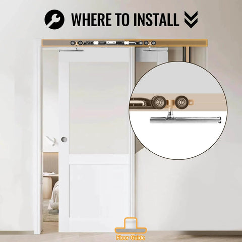 72 Inch Pocket Door Hardware Kit With Soft Close installed on 36-inch door, displaying heavy duty aluminum track for smooth sliding.