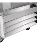Heavy Duty One Door Reach In Freezer Boasting Hella Roomy Twenty Three Cubic Foot Capacity With Rock Solid Stainless Steel Construction And Smooth Rolling Casters close-up view of stainless steel base with smooth rolling casters.