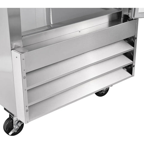 Heavy Duty One Door Reach In Freezer Boasting Hella Roomy Twenty Three Cubic Foot Capacity With Rock Solid Stainless Steel Construction And Smooth Rolling Casters close-up view of stainless steel base with smooth rolling casters.