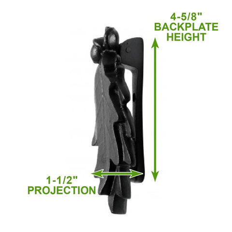 Side view of Oak Leaf Cast Iron Door Knocker Built Tough In Rustic 6 Inch Front Door Hardware With Rust-Resistant Powder Coat Finish