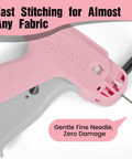 Close-up of pink stitch gun for clothes quick fix kit with gentle needle for instant fabric repair, no fuss quick fix.
