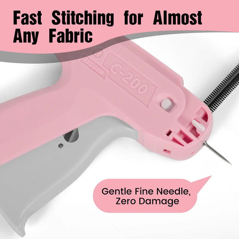 Close-up of pink stitch gun for clothes quick fix kit with gentle needle for instant fabric repair, no fuss quick fix.