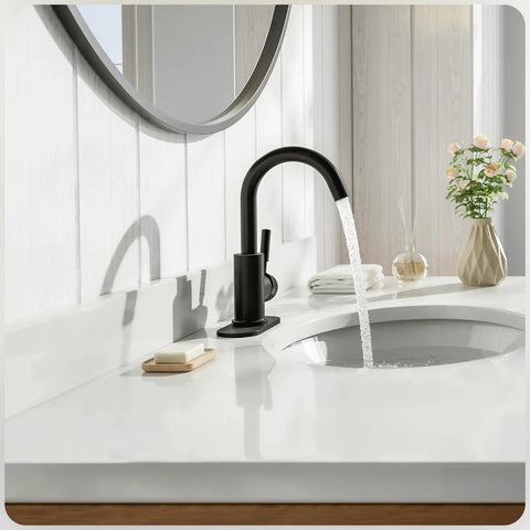 Single Hole Matte Black High Arc Stainless Steel Faucet For Kitchen Sink Bar Sink And Bathroom Sink With 4 Inch Deck Plate And Supply Hoses No Fuss Install 360 Degree Swivel Durable Finish installed on white countertop