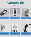 Accessory list for JUDYSSY 360W Solar Street Lights Outdoor including lamp heads, solar panel, remote, screws, manual, and copper wire.