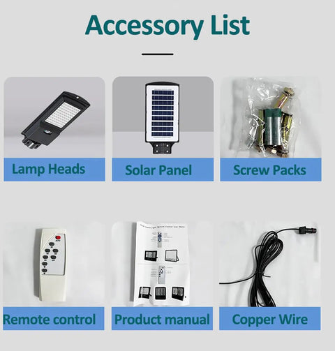 Accessory list for JUDYSSY 360W Solar Street Lights Outdoor including lamp heads, solar panel, remote, screws, manual, and copper wire.