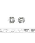 Front and side views of chrome steel R188ZZ deep groove ball bearings, 1/4" ID x 1/2" OD x 3/16" width, double shields.