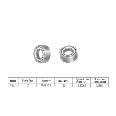 Front and side views of chrome steel R188ZZ deep groove ball bearings, 1/4" ID x 1/2" OD x 3/16" width, double shields.