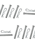 One Quarter Inch Clevis Pin With Eight Holes For Precise Length Adjustment, Heavy Duty Carbon Steel With R Clip, Eight Pack For Hitch Receivers, Drawbars, And Implements, Delivers A Snug Rattle Free Fit., 1/4-inch carbon steel clevis pins with R clips shown in eight-pack layout