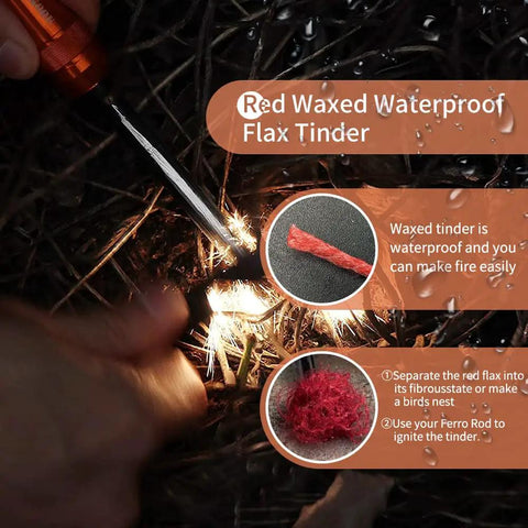 Rugged Paracord Kit 100 Feet Of 7 Strand Nylon Fire Starter Rope With Red Tinder Cord shown igniting with waterproof flax tinder.