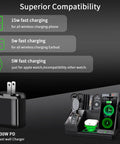 Black Leather Desk Organizer With Built In Charging Station Keeps Your Desk Clean And Charged Features Pen Holder Remote Tray Phone Charger And Nightstand Storage For Your Home Office Setup with 15W, 5W charging options displayed