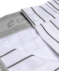 Close-up of Pro Weight Four Way Stretch 14 Ounce Tapered Baseball Pants For Adults White With Black Pinstripes Open Bottom Tailored Fit TEK KNIT Polyester Durable Gameday Ready Pant waistband and buttons.