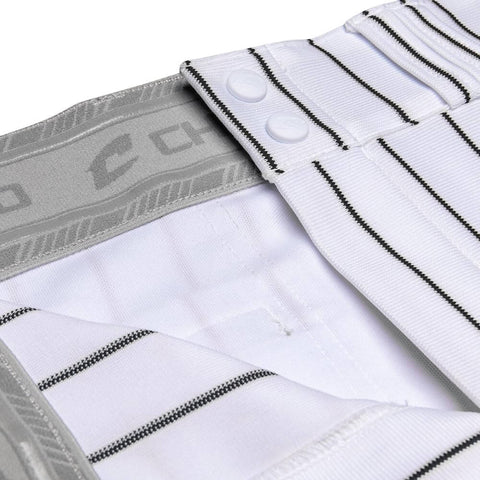Close-up of Pro Weight Four Way Stretch 14 Ounce Tapered Baseball Pants For Adults White With Black Pinstripes Open Bottom Tailored Fit TEK KNIT Polyester Durable Gameday Ready Pant waistband and buttons.