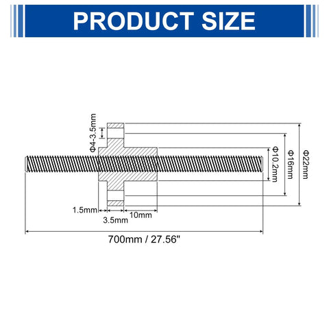 Technical diagram of 700mm TR8x8 Lead Screw With Brass Nut For 3D Printers And CNC Builds with dimensions outlined.