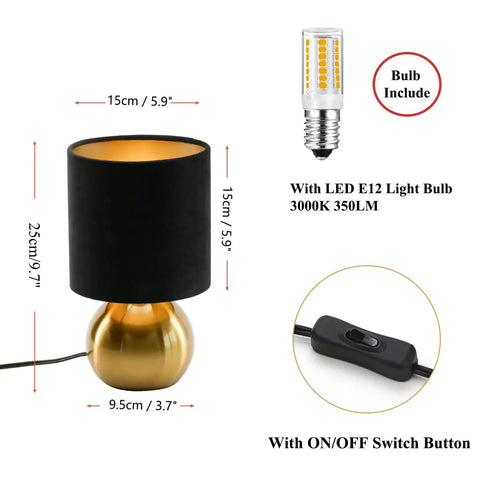 Small Bedside Lamp With Brass Base And Black Fabric Shade, Mini Table Lamp For Bedroom And Living Room, Bookshelf Accent.