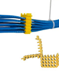 Cat5 And Cat6 Wire Management Comb For Taming That Ethernet Mess In Server Racks While Keeping Your Tech Rig Clean And Totally Pro During Heavy Cable Bundling, yellow plastic organizer securing blue ethernet cables.