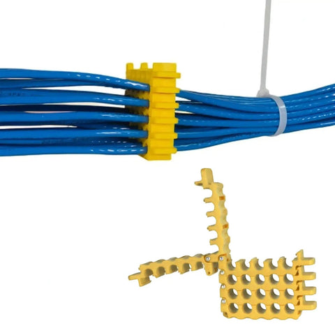 Cat5 And Cat6 Wire Management Comb For Taming That Ethernet Mess In Server Racks While Keeping Your Tech Rig Clean And Totally Pro During Heavy Cable Bundling, yellow plastic organizer securing blue ethernet cables.