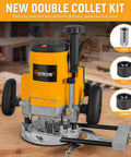 Beefy 2400W Wood Router for Heavy Duty Woodworking With Fixed Base and Collets, shown with 1/4, 1/2, 12mm collets on workbench