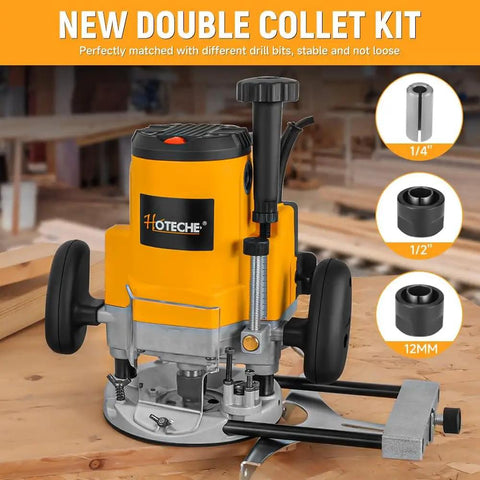 Beefy 2400W Wood Router for Heavy Duty Woodworking With Fixed Base and Collets, shown with 1/4, 1/2, 12mm collets on workbench