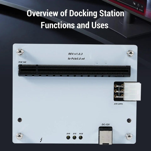 Plug And Play Usb4 External Gpu Dock Station With Pcie 16x Graphics Enclosure For Gaming Laptops Adding Beast Mode Performance Via Rapid 40gbps Bandwidth And Atx Mount Bracket showing PCIe slot and power connectors.