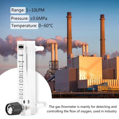 Oxygen Air Gas Flow Meter With Control Valve 1-10 LPM shown with industrial setting, highlighting hose barb connection and acrylic body.