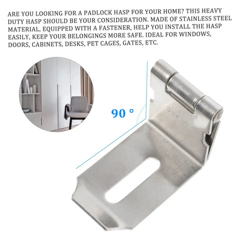 Premium 90 Degree Padlock Hasp And Staple Set Stainless Steel right angle latch ideal for cabinet and gate use.