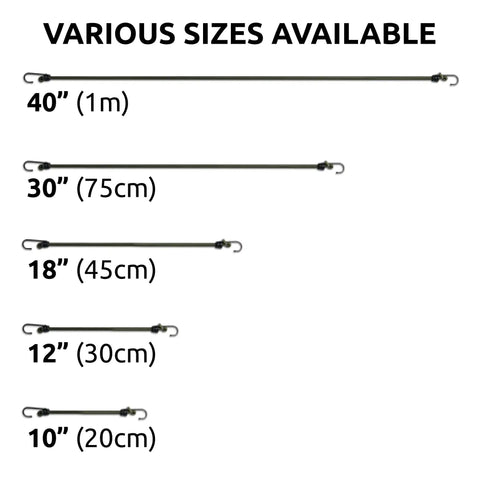 Chart showing various sizes of bungee cords including Beefy 12 Inch Bungee Cords With Hooks, 8mm Woven Polypropylene Cord.