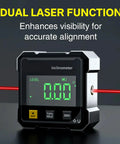 Ultra Precise Digital Angle Finder With Laser And Four Side Magnetic Base, LED Readout Inclinometer For Woodworking, Table Saw Miter Protractor, Level Box, Absolute And Relative Angle Measurements showing dual laser alignment and 0.00 display