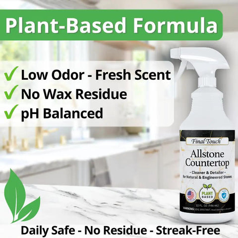 AllStone Countertop Cleaner Plant Based Stone Safe Daily Use Spray With Scrub Brush in kitchen setting