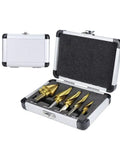 Dang Tough Heavy Duty Titanium Coated HSS Step Drill Bit Set With Triangular Shank For Smooth Wood And Metal Cutting Versatile Pro Shop Grade 5 Piece Kit in case.