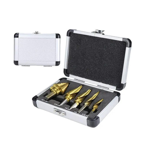 Dang Tough Heavy Duty Titanium Coated HSS Step Drill Bit Set With Triangular Shank For Smooth Wood And Metal Cutting Versatile Pro Shop Grade 5 Piece Kit in case.