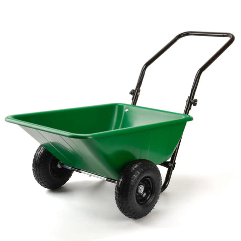 Green Foldable Handle Two Wheel Garden Cart With Ten Inch Pneumatic Tires Heavy Duty Yard Wagon for Soil Mulch and Plants.