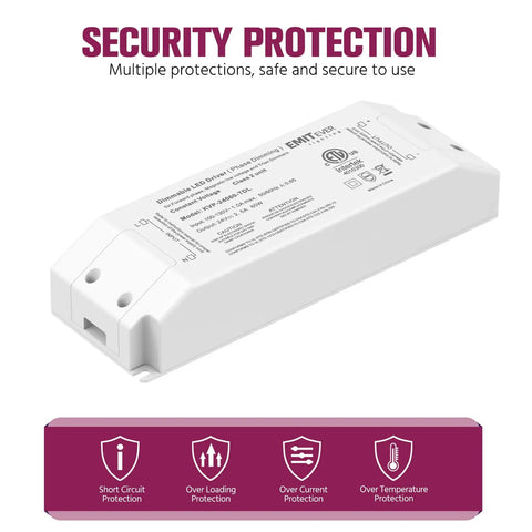 60W Plug And Play Triac Dimmable LED Driver Power Supply 120V to 24V Transformer with security protection features shown