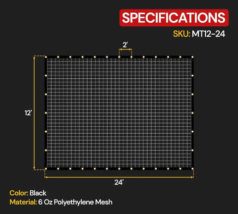 Diagram showing the dimensions of the 12x24 Ft Black 70 Percent Shade Mesh Tarp With Grommets Beefy Heavy Duty 6 Oz Poly Shade Net.