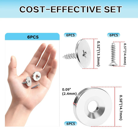 Cost-effective six-pack magnetic door catch set, stainless steel hardware in hand with measurements, for secure hold and longevity.
