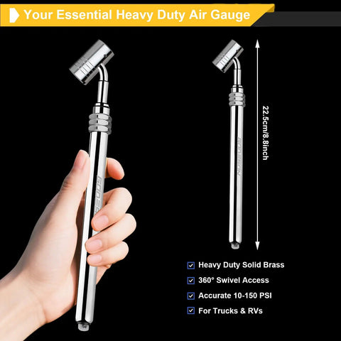 Heavy Duty Large Bore Tire Gauge For Big Rigs And Tractors With 360 Degree Swivel Pro Grade Air Gauge 10 To 150 PSI