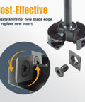 Rock Solid One Quarter Inch Shank Slab Flattening Router Bit With Hardened Steel Body And Razor Sharp Carbide Tips for clean cuts, showing knife rotation for new edges.