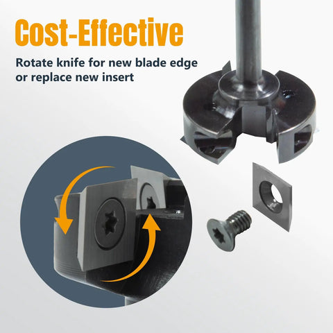 Rock Solid One Quarter Inch Shank Slab Flattening Router Bit With Hardened Steel Body And Razor Sharp Carbide Tips for clean cuts, showing knife rotation for new edges.
