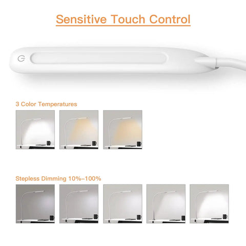 LED Clip On Desk Lamp With Clamp For Home Office Adjustable Swing Arm Touch Control 3 color modes dimming options