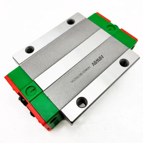 Beefy HGW20HC Linear Block Carriage For CNC Machinery With Heavy Load Capacity, Ultra Smooth High Speed Motion, High Rigidity And Precision, Flange Mounted Linear Guide Rail, Slider Bearing, And Custom Lengths, silver steel block with green end caps