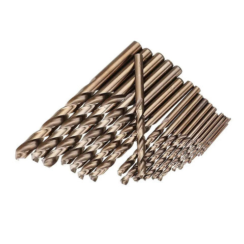 Pro Grade M35 Cobalt Drill Bit Kit With 19 Precision Pieces Spanning One To Ten Millimeters arranged in angled display.