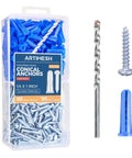 Pro Grade Heavy Duty Concrete Wall Anchors And Screws Kit With Drill Bit For Concrete And Drywall, 100 Conical Anchors And 100 Zinc Plated Screws, Rust Proof Galvanized Carbon Steel For DIY Projects By ARTIMESH, shown with drill bit